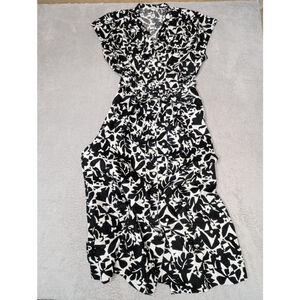 Women's FREE ASSEMBLY Black White Floral Midi Dress L Belt Pockets